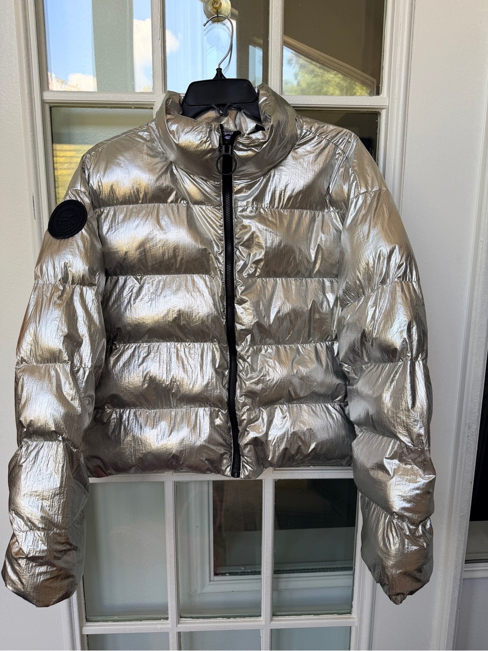 Fabletics Metallic Silver Puffer Jacket - Women's Short Coat